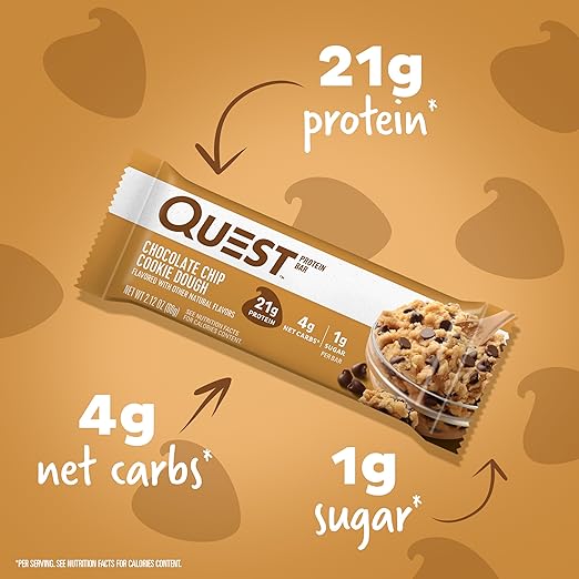 Quest Nutrition Chocolate Chip Cookie Dough Protein Bars, High Protein, Low Carb, Gluten Free, Keto Friendly, 24 Count (2 Packs))