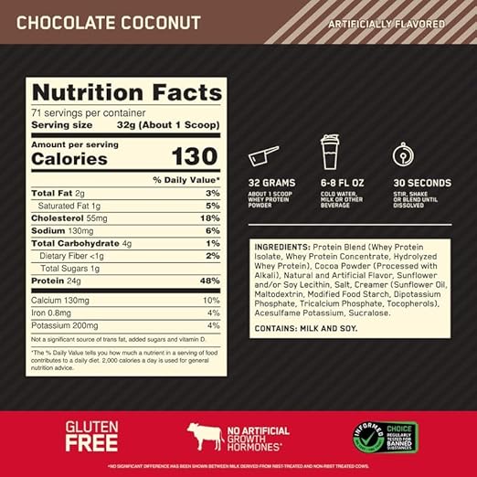 Optimum Nutrition Gold Standard 100% Whey Protein Powder, Chocolate Coconut, 5 Pound