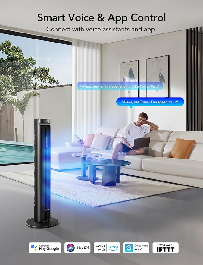 Goveelife 42'' Tower Fan for Bedroom, Smart Floor Fan with 150° Adjustable Oscillating, APP & Voice Control, 5 Modes 12 Speeds up to 26ft/s, 24H Timer, 27dB Quiet Fan for Cooling Home Office Black