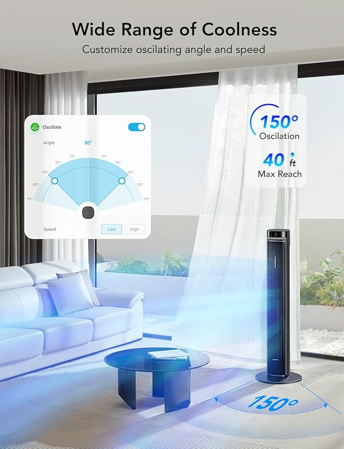 Goveelife 42'' Tower Fan for Bedroom, Smart Floor Fan with 150° Adjustable Oscillating, APP & Voice Control, 5 Modes 12 Speeds up to 26ft/s, 24H Timer, 27dB Quiet Fan for Cooling Home Office Black