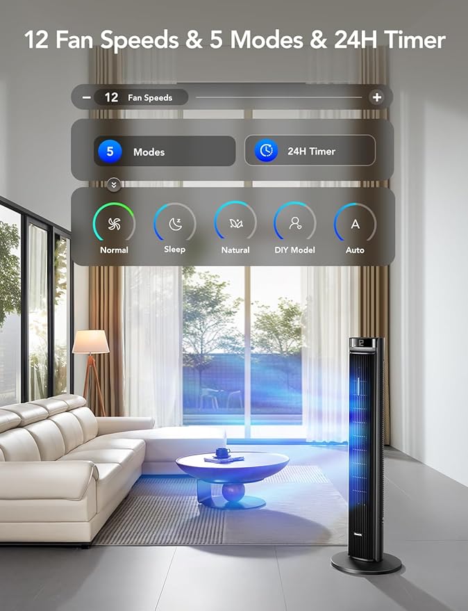 Goveelife 42'' Tower Fan for Bedroom, Smart Floor Fan with 150° Adjustable Oscillating, APP & Voice Control, 5 Modes 12 Speeds up to 26ft/s, 24H Timer, 27dB Quiet Fan for Cooling Home Office Black