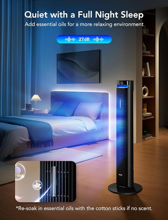 Goveelife 42'' Tower Fan for Bedroom, Smart Floor Fan with 150° Adjustable Oscillating, APP & Voice Control, 5 Modes 12 Speeds up to 26ft/s, 24H Timer, 27dB Quiet Fan for Cooling Home Office Black