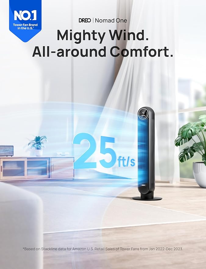 Dreo 28dB Tower Fan for Bedroom, 25ft/s Velocity Portable Cooling Fan, 90° Oscillating Standing Fans for Home, LED Display, 4 Speeds, 4 Modes, Timer, Quiet Electric Bladeless Fan, Remote Control