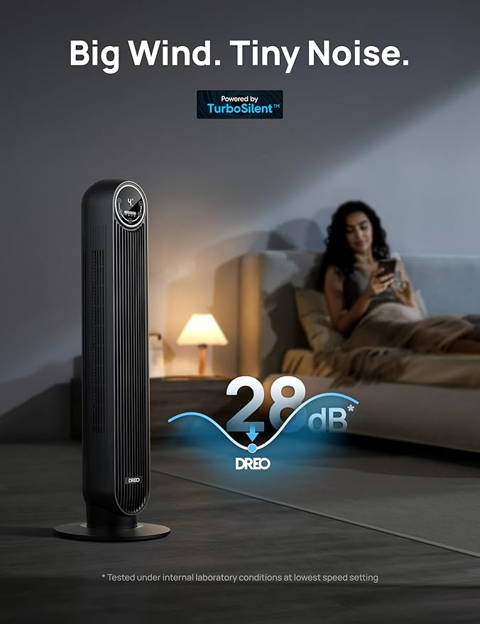 Dreo 28dB Tower Fan for Bedroom, 25ft/s Velocity Portable Cooling Fan, 90° Oscillating Standing Fans for Home, LED Display, 4 Speeds, 4 Modes, Timer, Quiet Electric Bladeless Fan, Remote Control