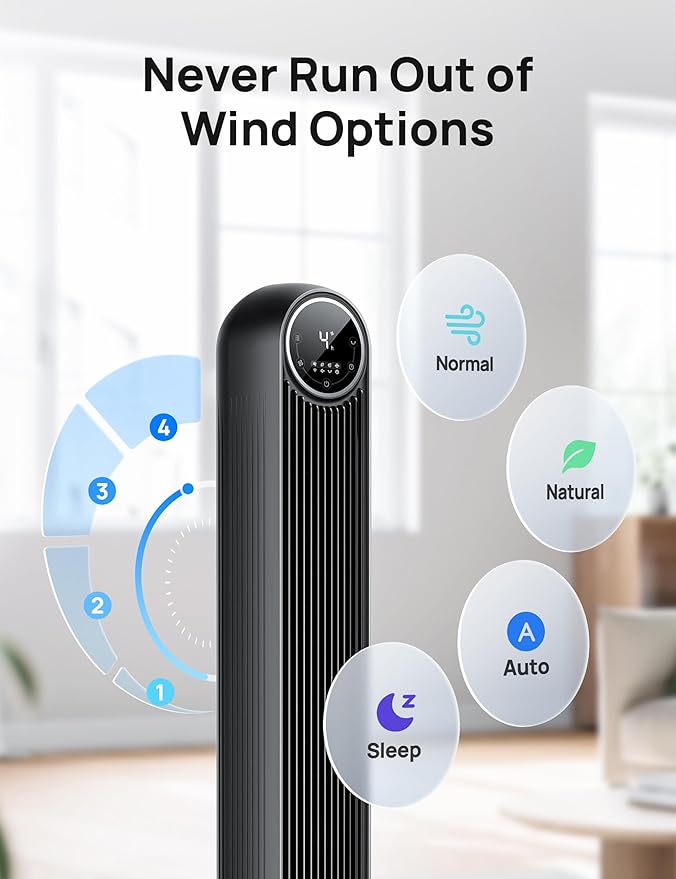 Dreo 28dB Tower Fan for Bedroom, 25ft/s Velocity Portable Cooling Fan, 90° Oscillating Standing Fans for Home, LED Display, 4 Speeds, 4 Modes, Timer, Quiet Electric Bladeless Fan, Remote Control