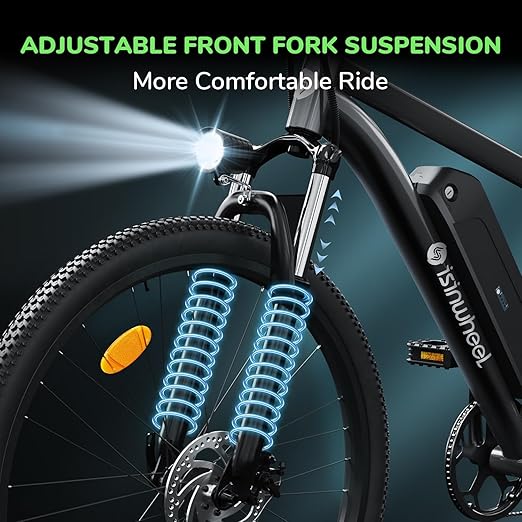 isinwheel M10 Electric Bike for Adults, 26" Ebike Peak 500W 32KM/H, Portable Electric Bicycle with 375WH Removable Battery, Shimano 35-Speed, Front Fork Suspensions for Trail City Commuting