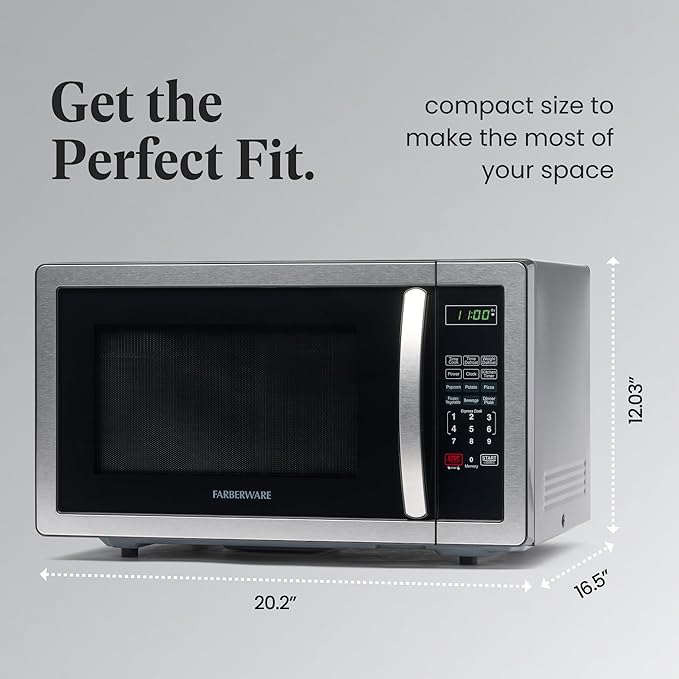 Farberware Countertop Microwave 1000 Watts, 1.1 cu ft - Microwave Oven With LED Lighting and Child Lock - Perfect for Apartments and Dorms - Easy Clean Stainless Steel