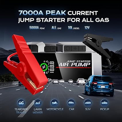 Jump Starter with Air Compressor, Portable 2500A Car Battery Jump Starter Battery Pack (8.5 Gas/8.0L Diesel), UltraSafe Jumper Starter Portable Jump Box with LED Display, Emergency Light, Power Bank 1
