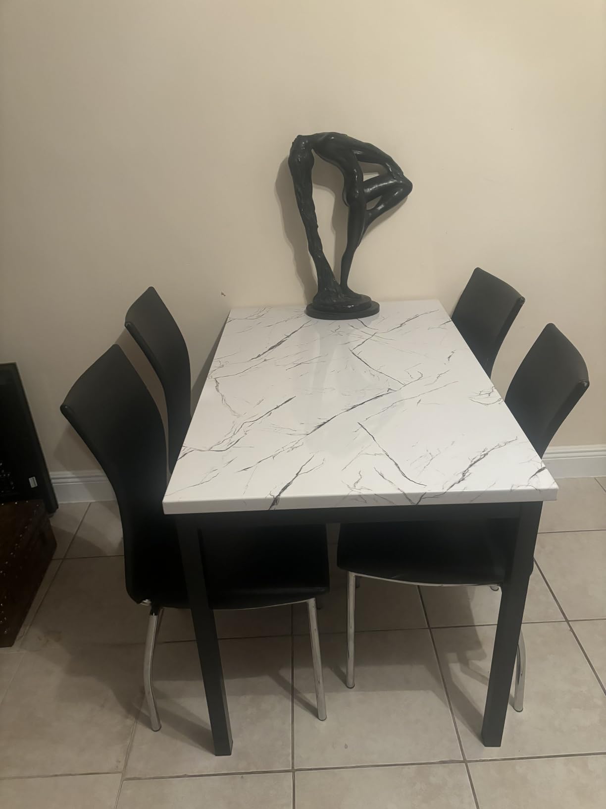 Roundhill Furniture Noyes Metal Dining Table with Laminated Faux Marble Top, Off-White