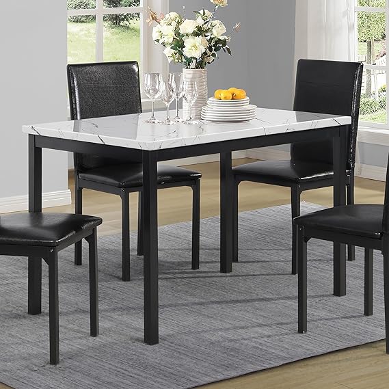 Roundhill Furniture Noyes Metal Dining Table with Laminated Faux Marble Top, Off-White