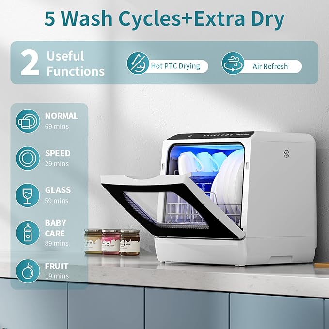 AIRMSEN Portable Countertop Dishwashers, 5 Washing Programs Mini Dishwashers with 5 L Built-in Water Tank and Double-layered Glass Door, No Hookup Needed for Home, Apartments & RVs
