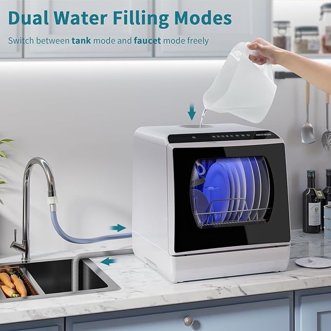 AIRMSEN Portable Countertop Dishwashers, 5 Washing Programs Mini Dishwashers with 5 L Built-in Water Tank and Double-layered Glass Door, No Hookup Needed for Home, Apartments & RVs