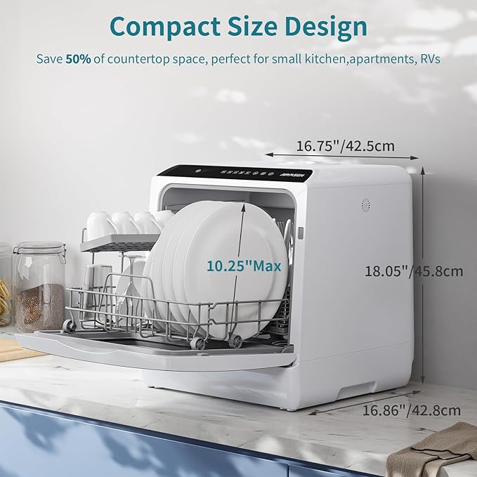 AIRMSEN Portable Countertop Dishwashers, 5 Washing Programs Mini Dishwashers with 5 L Built-in Water Tank and Double-layered Glass Door, No Hookup Needed for Home, Apartments & RVs
