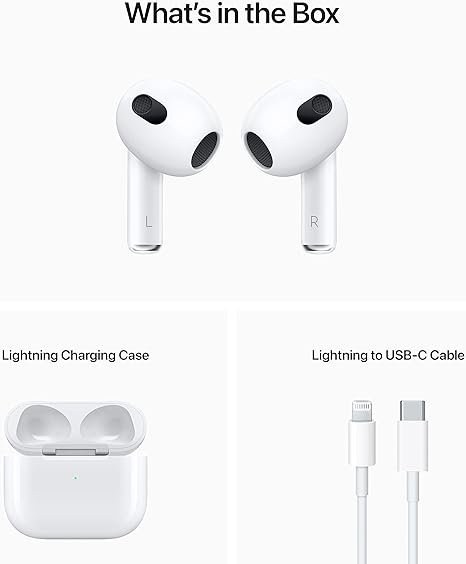 Apple AirPods (3rd Generation) Wireless Ear Buds, Bluetooth Headphones, Personalized Spatial Audio, Sweat and Water Resistant, Lightning Charging Case Included, Up to 30 Hours of Battery Life