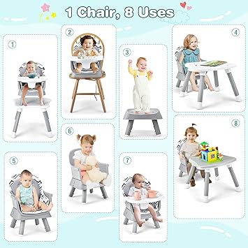 HONEY JOY 8 in 1 Baby High Chair, Convertible Highchair for Babies and Toddlers/Table and Chair Set/Building Block Table/Booster Seat/Stool/Toddler Chair with Safety Harness (Wave Gray)