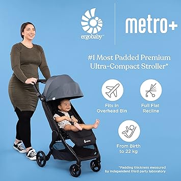 Ergobaby Metro+ Compact Baby Stroller, Lightweight Umbrella Stroller Folds Down for Overhead Airplane Storage (Carries up to 50 lbs), Car Seat Compatible, Slate Grey