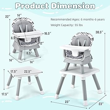 HONEY JOY 8 in 1 Baby High Chair, Convertible Highchair for Babies and Toddlers/Table and Chair Set/Building Block Table/Booster Seat/Stool/Toddler Chair with Safety Harness (Wave Gray)