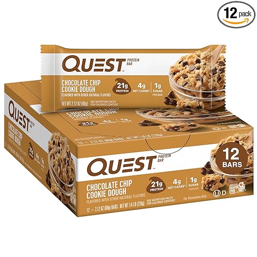 Quest Nutrition Chocolate Chip Cookie Dough Protein Bars, High Protein, Low Carb, Gluten Free, Keto Friendly, 24 Count (2 Packs))