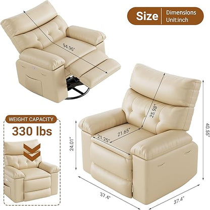 Recliner Chair for Adults,PU Leather Electric Rocker Recliner,360 Degree Swivel Lounge Chair with Side Pocket,Modern Massage Recliner Chair Sofa for Living Room,Bedroom (Beige)