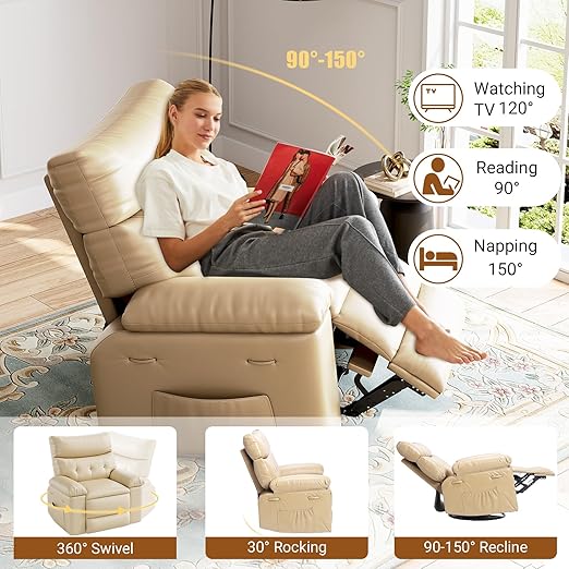 Recliner Chair for Adults,PU Leather Electric Rocker Recliner,360 Degree Swivel Lounge Chair with Side Pocket,Modern Massage Recliner Chair Sofa for Living Room,Bedroom (Beige)