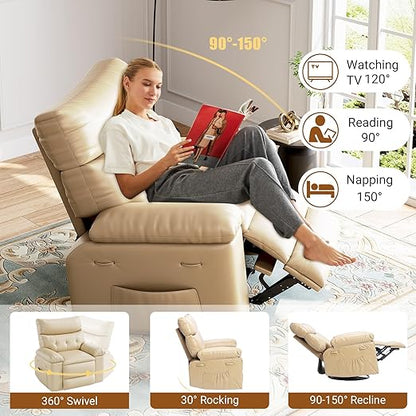 Recliner Chair for Adults,PU Leather Electric Rocker Recliner,360 Degree Swivel Lounge Chair with Side Pocket,Modern Massage Recliner Chair Sofa for Living Room,Bedroom (Beige)