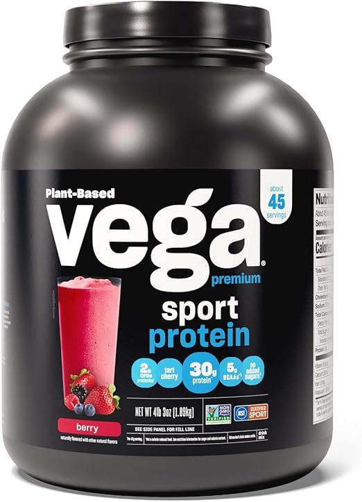 Vega Premium Sport Protein Berry Protein Powder, Vegan, Non GMO, Gluten Free Plant Based Protein Powder Drink Mix, NSF Certified for Sport, 4lb 3 oz