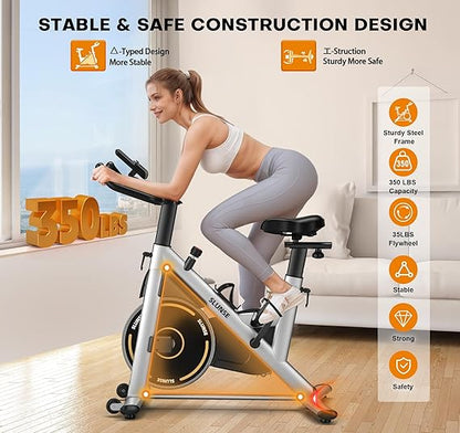 Exercise Bike, Adjustable Magnetic Resistance Brake Stationary Bikes for Home, Quiet Indoor Cycling Bike with Upgraded Seat Cushion, Digital Monitor & Phone Mount, 350lbs Weight Capacity