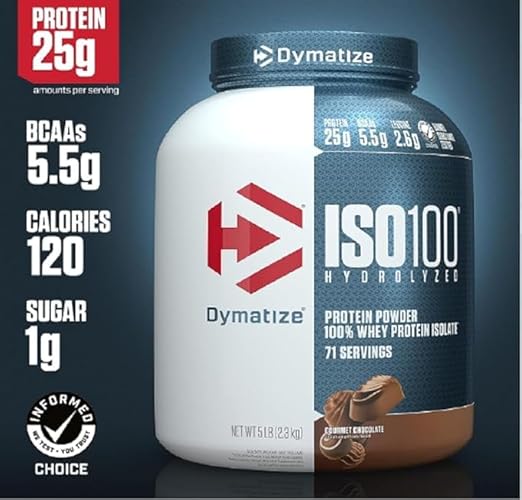 Dymatize ISO100 Hydrolyzed Protein Powder, 100% Whey Isolate Protein, 25g of Protein, 5.5g BCAAs, Gluten Free, Fast Absorbing, Easy Digesting, Fudge Brownie, 5 Pound, 70 servings