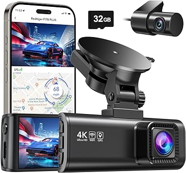 REDTIGER Dash Cam Front Rear, 4K/2.5K Full HD Dash Camera for Cars, 32GB Card Included, Built-in Wi-Fi GPS, 3.18” IPS Screen, Night Vision, 170°Wide Angle, WDR, 24H Parking Mode