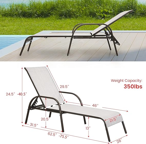 Giantex Patio Lounge Chair, Outdoor Chaise Lounge with 5 Adjustable Backrest, Sturdy Steel Frame, Sunbathing Recliner, Beach Chair, Tanning Chair for Outside, Yard, Balcony, Pool Chairs (2, Grey)