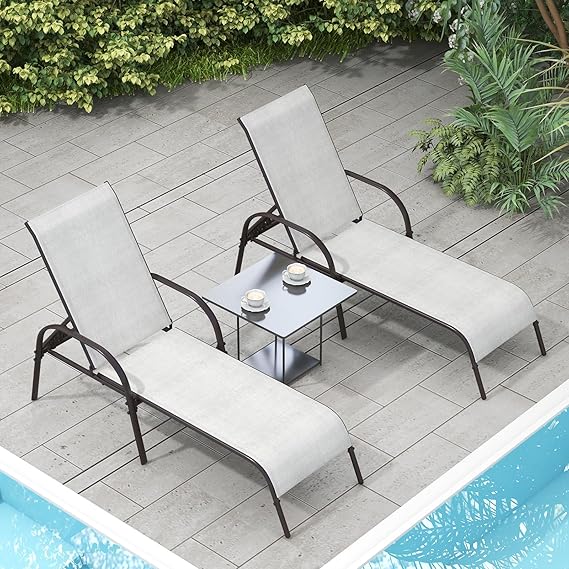 Giantex Patio Lounge Chair, Outdoor Chaise Lounge with 5 Adjustable Backrest, Sturdy Steel Frame, Sunbathing Recliner, Beach Chair, Tanning Chair for Outside, Yard, Balcony, Pool Chairs (2, Grey)