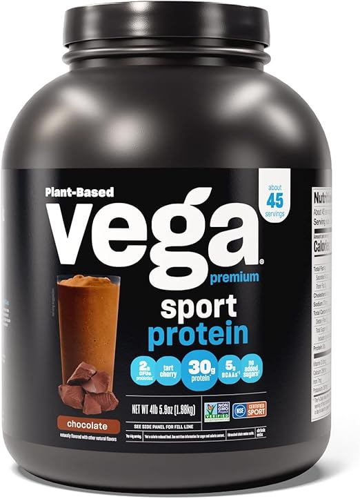 Vega Premium Sport Protein, Chocolate, Protein Powder, Vegan, Non GMO, Gluten Free Plant Based Protein Powder Drink Mix, NSF Certified for Sport, 4lb 3 oz