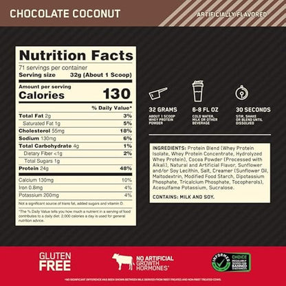 Optimum Nutrition Gold Standard 100% Whey Protein Powder, Chocolate Coconut, 5 Pound