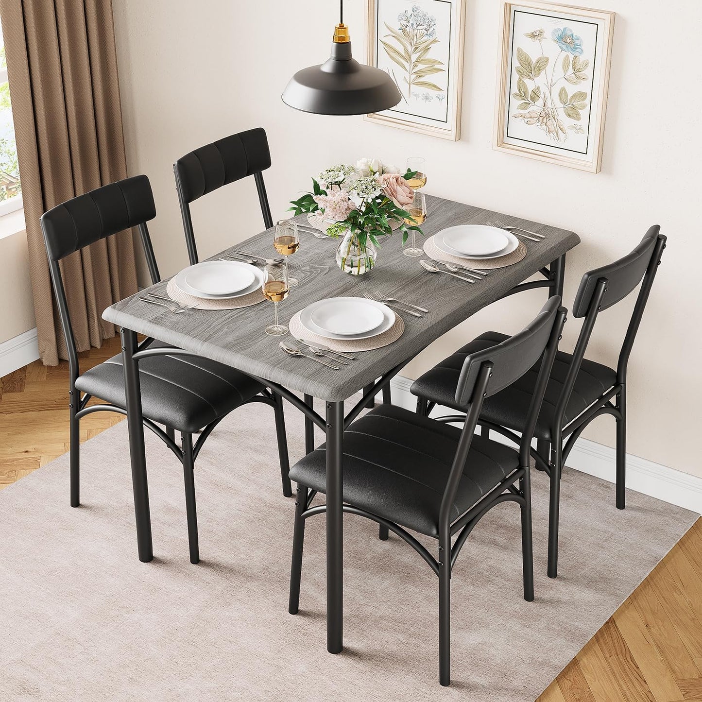 IDEALHOUSE Kitchen Table and Chairs for 4, Dining Table Set for 4 with Upholstered Chairs, 5 Piece Rectangular Kitchen Table Set, Dining Room Table Set for Small Space, Apartment, Rustic Grey