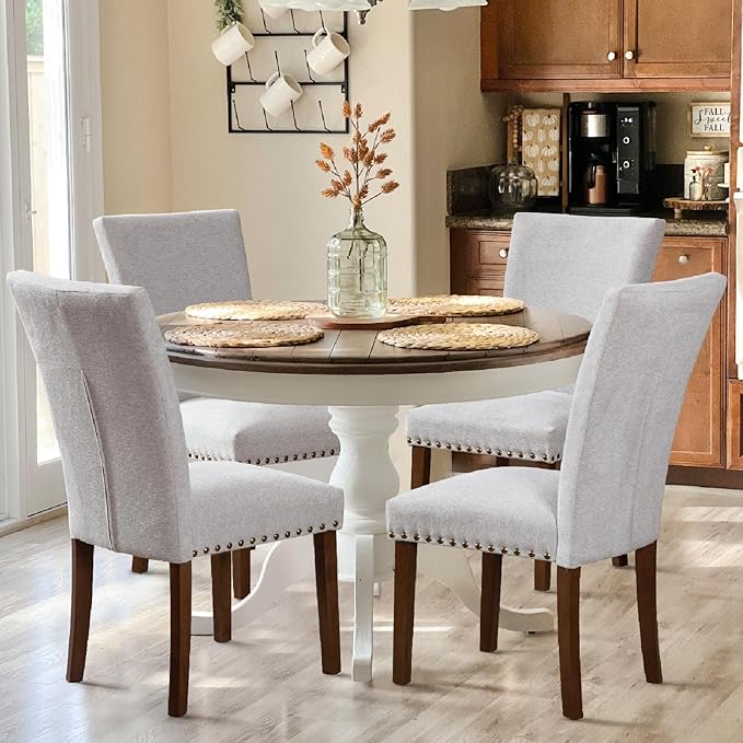 COLAMY Upholstered Parsons Dining Chairs Set of 4, Fabric Dining Room Kitchen Side Chair with Nailhead Trim and Wood Legs - Light Grey