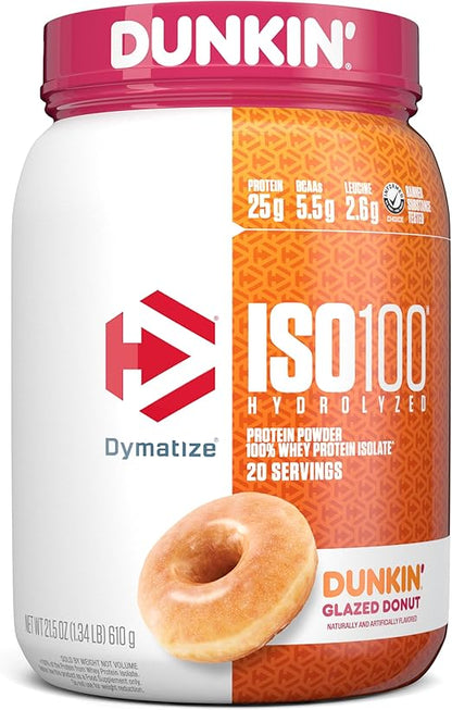 Dymatize ISO100 Hydrolyzed Protein Powder, 100% Whey Isolate Protein, Dunkin' Glazed Donut Flavor, 25g of Protein, 5.5g BCAAs, Gluten Free, Fast Absorbing, Easy Digesting, Vanilla, 5 Pound