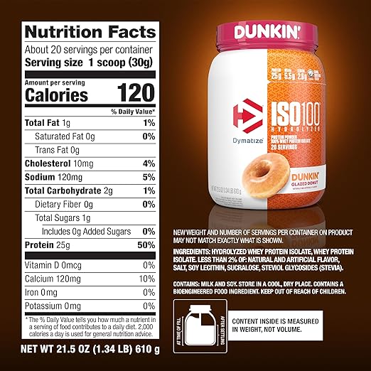 Dymatize ISO100 Hydrolyzed Protein Powder, 100% Whey Isolate Protein, Dunkin' Glazed Donut Flavor, 25g of Protein, 5.5g BCAAs, Gluten Free, Fast Absorbing, Easy Digesting, Vanilla, 5 Pound