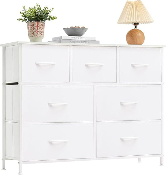 Somdot Dresser for Bedroom with 7 Drawers, Wide Storage Organizer Chest of Drawers with Fabric Bins for Closet Bedside Nursery Living Room Laundry Entryway Hallway, White Leather