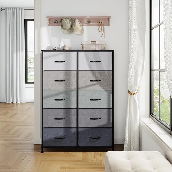 LLappuil Dresser for Bedroom with 10 Drawer, Tall Dressers Chest of Drawers for Closet Living Room Hallway, Fabric Storage Tower for Clothes with Sturdy Frame, Wood Board, Wood Handles, Grey