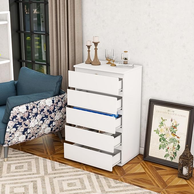 Drawer Dresser, Modern Chest of Drawers Without Handle Wooden Tall Dresser Storage Cabinet Bedroom Furniture for Home Office (White, 5 Drawer)