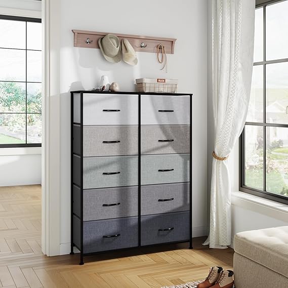 LLappuil Dresser for Bedroom with 10 Drawer, Tall Dressers Chest of Drawers for Closet Living Room Hallway, Fabric Storage Tower for Clothes with Sturdy Frame, Wood Board, Wood Handles, Grey