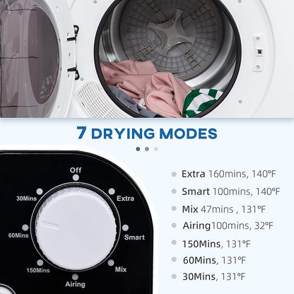 HOMCOM Electric Portable Dryer Compact Laundry Dryer Machine 1300W 13.2lbs Capacity Stainless Steel Tub 3.22 Cu. Ft. Tumble Dryer with 7 Drying Modes for Apartment Dorm (White)