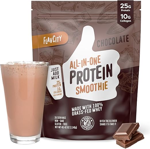 FlavCity Protein Powder Smoothie, Chocolate - 100% Grass-Fed Whey Protein Smoothie with Collagen (25g of Protein) - Gluten Free & No Added Sugars (40.42 oz)