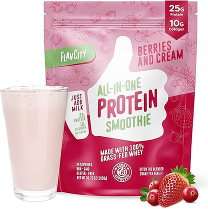 FlavCity Protein Powder Smoothie, Berries & Cream - 100% Grass-Fed Whey with Collagen (25g of Protein) - Gluten Free & No Added Sugars (38.73 oz)