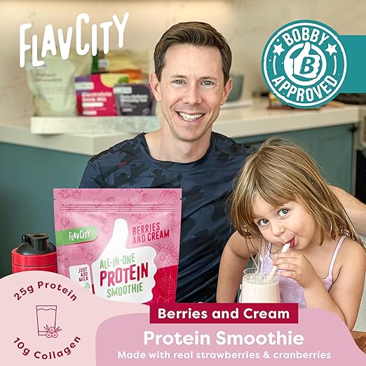 FlavCity Protein Powder Smoothie, Berries & Cream - 100% Grass-Fed Whey with Collagen (25g of Protein) - Gluten Free & No Added Sugars (38.73 oz)