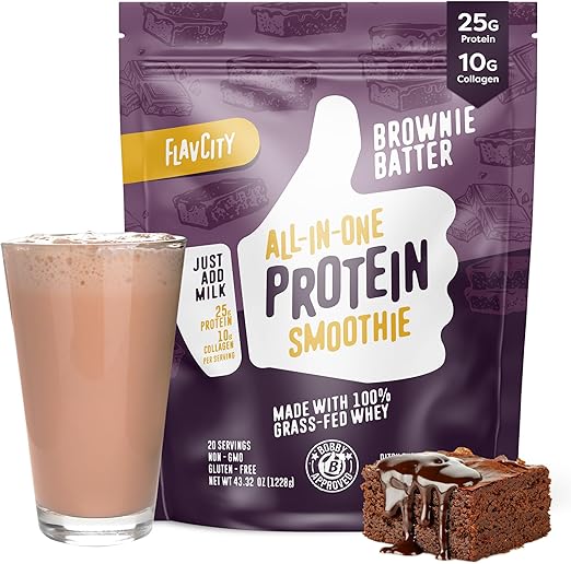 FlavCity All-in-One Protein Powder Smoothie, Brownie Batter - 100% Grass-Fed Whey Protein Powder with 25g Protein & 10g Collagen - Gluten-Free Pre Workout & Post Workout Drink - 20 Servings