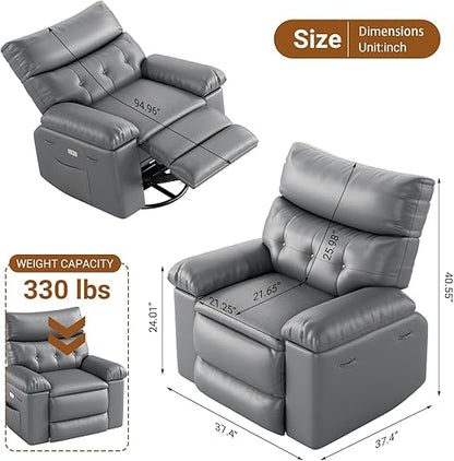 Recliner Chair for Adults,PU Leather Electric Rocker Recliner,360 Degree Swivel Lounge Chair with Side Pocket,Modern Massage Recliner Chair Sofa for Living Room,Bedroom,Grey