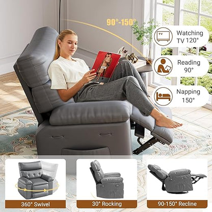 Recliner Chair for Adults,PU Leather Electric Rocker Recliner,360 Degree Swivel Lounge Chair with Side Pocket,Modern Massage Recliner Chair Sofa for Living Room,Bedroom,Grey