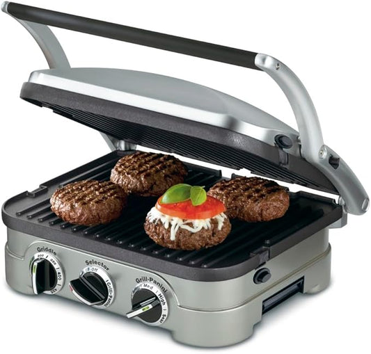 Cuisinart CGR-4NEC 5-in-1 Griddler in Silver with Reversible Nonstick Grill/Griddle Plates