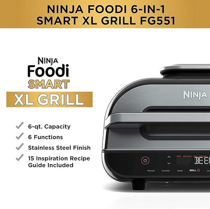 Ninja FG551 Foodi Smart XL 6-in-1 Indoor Grill with Air Fry, Roast, Bake, Broil & Dehydrate, Smart Thermometer, Black/Silver